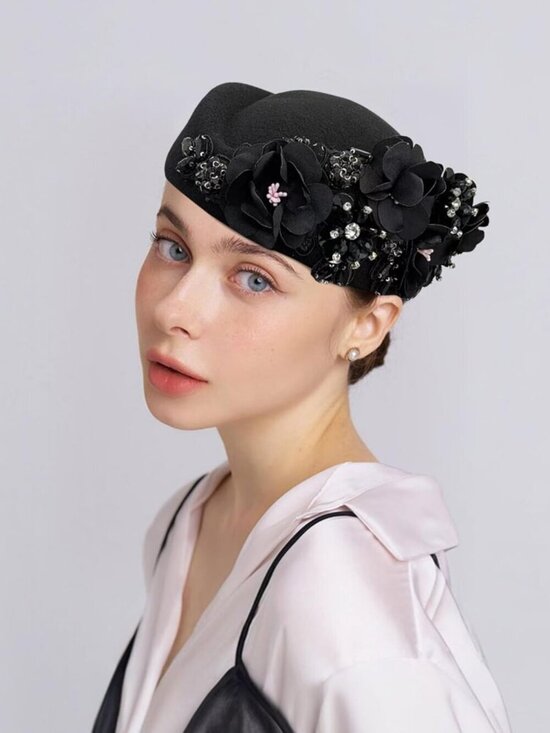Women\'s British Felt hat Church Derby Headdress Floral Beret hat Black main image 5
